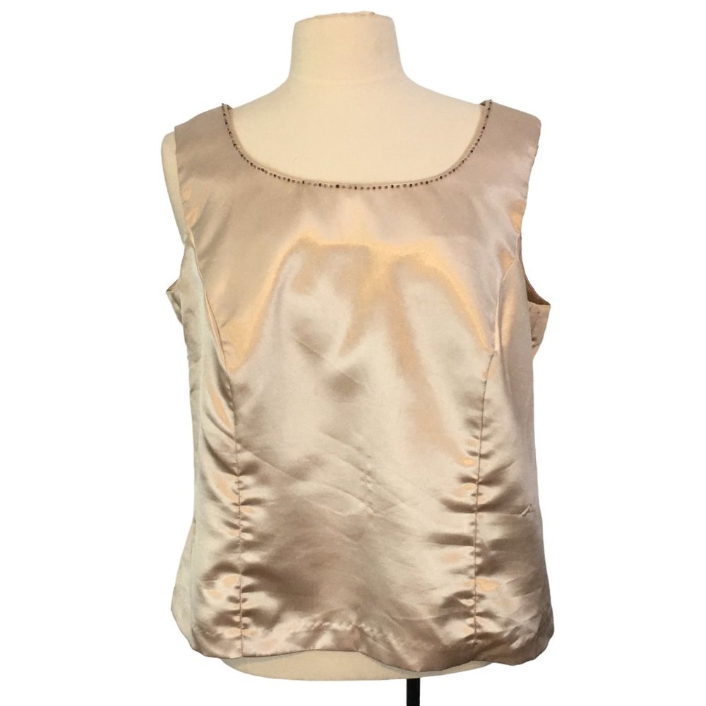 Dress Barn Womens Beige Cream Satin Tank, Shell Top, size 14W, Round Beaded Neck